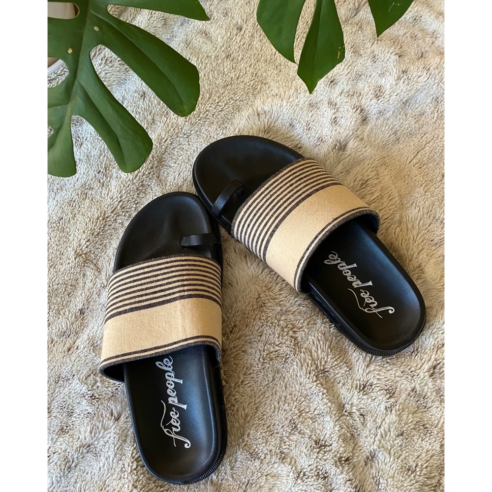 Free People Black & Beige Stripe Sandals with Toe Loop